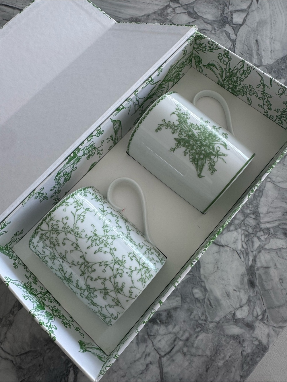 Dior White Porcelain Mugs with Green Lilly of the valley Motif - Set of 2